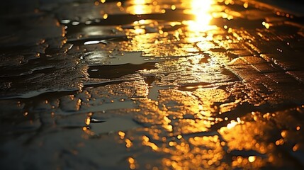 Close up view of wet road from rain at night with cinematic light.