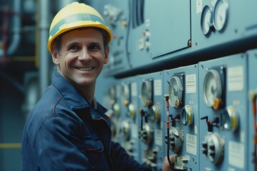 smiling industrial worker standing next to an electronic panel