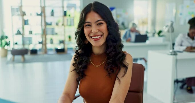 Face, laptop for design and business woman in office with job satisfaction as creative employee closeup. Portrait, smile and computer with confident young person at workplace desk for artistic career