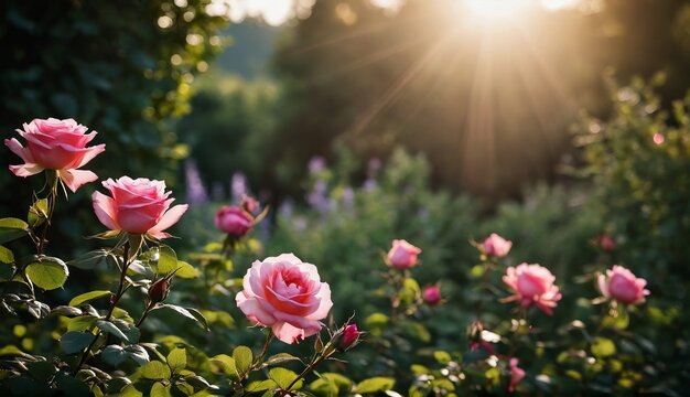 Blooming pink roses in sharp focus with a soft-lit forest and mountain landscape at sunrise in the background. Generative AI.