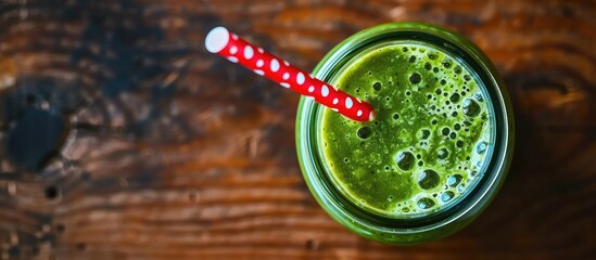 Green detox smoothie in a glass jar, with a red straw decorated with white dots, on a wooden surface. - obrazy, fototapety, plakaty