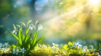 Natural spring background with delicate snowdrop flowers on sunny forest glade