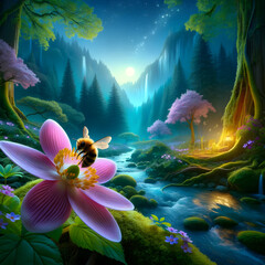 Fototapeta na wymiar Moonrise Splendor over Enchanted Valley