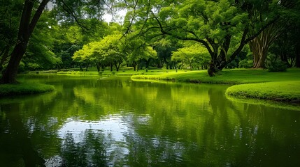 Fototapeta na wymiar Raintree and many of green tree in the park and pond. Trees and green grass lawn field near lake with tree reflection on water. Lawn in garden on summer. Park with tropical plant. Urban ozone source. 