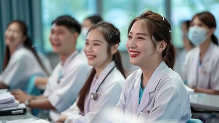 Fototapeta premium smiling cheerful nurse doctor sit relax in seminar training class nurse doctor group happiness positive face expression in education class hospital background,ai generate