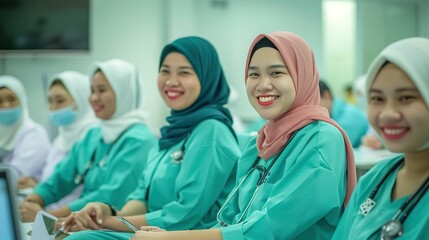 Obraz premium smiling cheerful nurse doctor sit relax in seminar training class nurse doctor group happiness positive face expression in education class hospital background,ai generate