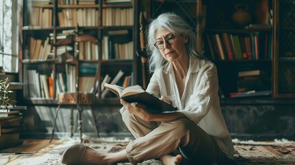 Photo of charming lovely inspired retired woman sitting on floor writing story novel literature weekend day indoors