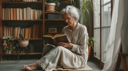 Photo of charming lovely inspired retired woman sitting on floor writing story novel literature weekend day indoors
