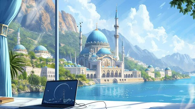 Tranquil Mosque View: Laptop by the Window Overlooking a Serene Lake and Mosque Seamless looping 4k time-lapse virtual video animation background. Generated AI