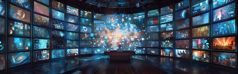 a digital screen with many tv images surrounding it, with a table inside