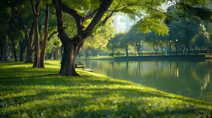 Raintree and many of green tree in the park and pond. Trees and green grass lawn field near lake with tree reflection on water. Lawn in garden on summer. Park with tropical plant. Urban ozone source.  - Powered by Adobe