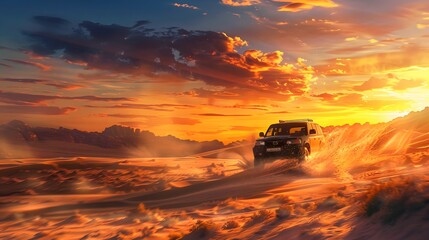SUV Driving Through Desert Dunes kicking up sand on vast desert landscape at sunset