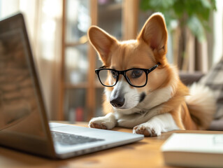 An adorable diligent corgi, wearing glasses, focuses on a laptop screen while working attentively