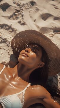Beautiful tanned woman sunbathes on the beach