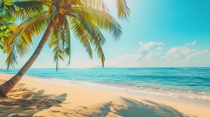 Fototapeta na wymiar Tropical beach with palm trees during a sunny day A calm and sunny place to rest and dream beach ocean clear clean sand coast beach and tree leaf background