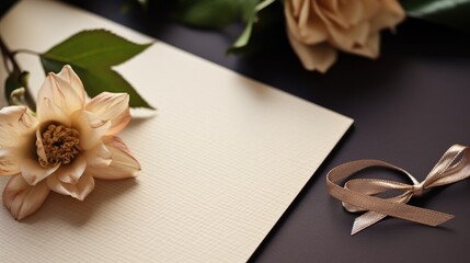 Envelope empty letter laying on table with roses flowers wallpaper background	
