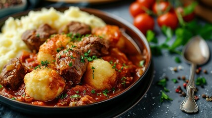 Homemade traditional Polish potato dumplings kopytka served with meat stew close-up in a plate on...