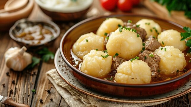 Homemade traditional Polish potato dumplings kopytka served with meat stew close-up in a plate on the table. Horizontal