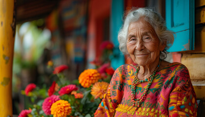 Portrait of a beautiful Hispanic countrywoman sitting on her porch wearing colorful clothes with flowers on the background