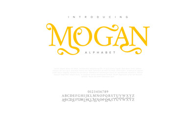 Mogan premium luxury elegant alphabet letters and numbers. Elegant wedding typography classic serif font decorative vintage retro. Creative vector illustration
