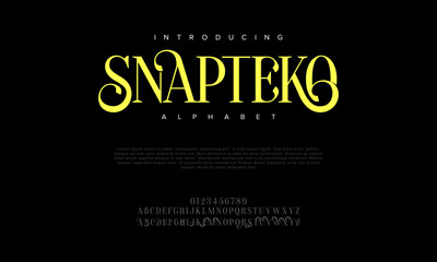 Snapteko premium luxury elegant alphabet letters and numbers. Elegant wedding typography classic serif font decorative vintage retro. Creative vector illustration