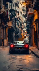Fototapeta premium Powerful black sports car overcomes narrow and winding city street