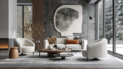 Interior of modern contemporary  living room with elegant color palette and scandinavian elegance 