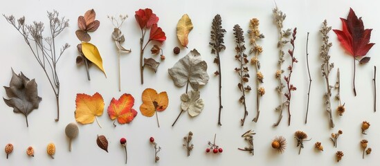Fall foliage, withered blooms, and various plant reproductive parts. - obrazy, fototapety, plakaty