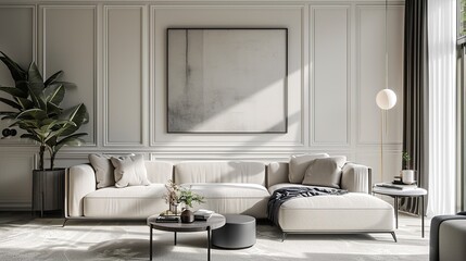 Fototapeta na wymiar Interior of modern sophisticated living room with elegant color palette and scandinavian elegance 