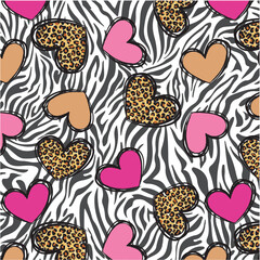 Hearts from leopard on zebra background