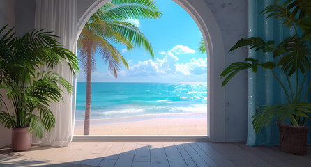 a window into a room shows the ocean