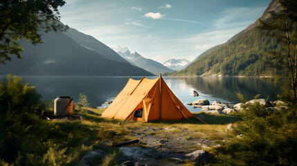 Solitary Orange Tent Amidst Green Fjord Landscape: A Captivating View of Fjord Camping Bliss