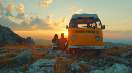 couple on vacation in an old retro van, men and woman outside of a vintage van on a road trip in Europe on the beach