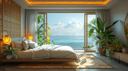 A hotel room with bright fresh colors in Bali style, minimal style bedroom with ocean view, wooden sliding doors