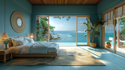 A hotel room with bright fresh colors in Bali style, minimal style bedroom with ocean view with large open doors