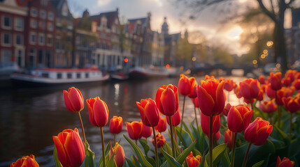 Fototapeta premium sunset with tulips in front of Amsterdam row houses, city scene, colorful Spring season in the Netherlands, colorful tulips in Amsterdam city