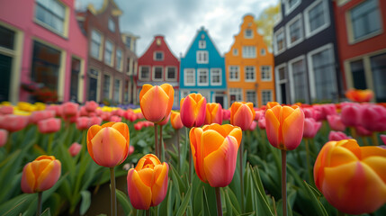 low angle view of  tulips in front of Amsterdam row houses, city scene, colorful Spring season in...