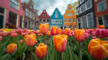 Foto op Aluminium low angle view of  tulips in front of Amsterdam row houses, city scene, colorful Spring season in the Netherlands, colorful tulips in Amsterdam city © Fokke Baarssen