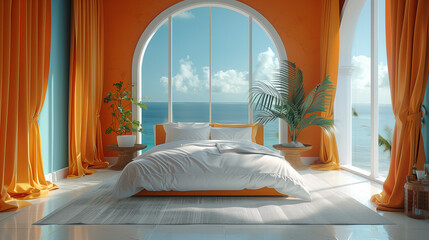 A hotel room with bright fresh colors in Bali style, minimal style bedroom with ocean view, green plants, orange wall