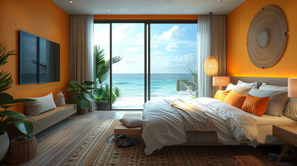 A hotel room with bright fresh colors in Bali style, a minimal style bedroom with ocean view, an orange wall with bamboo materials accessories