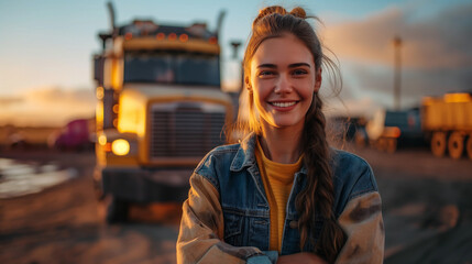 Innovative young woman in trucking overlooks the highway, a symbol of modernity and diversity in transportation logistics