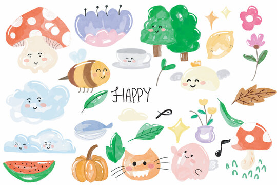 stock element. set of kawaii vegetables sticker or emoticon. web design illustration. stock illustration
