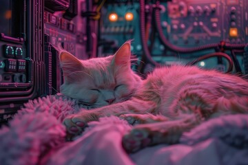 Playful cyber cat with soft pink fur amidst sci fi scenery exuding warmth and future vibes