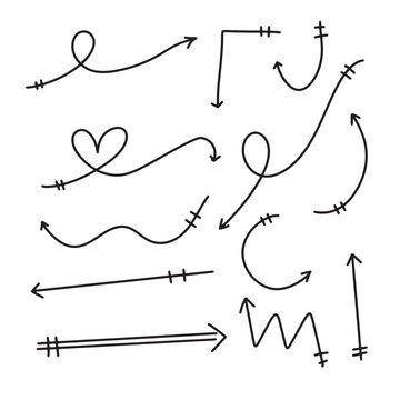 set of arrow line brush scribble . line, doodle black stock arrow. hand drawn arrow . Arrows circles and abstract doodle writing. element