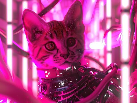 Futuristic feline cyber enhanced amidst pink neon lights radiating cuteness and tech charm