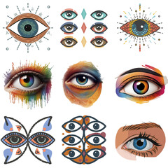Eyes and surrounding elements of the eyes, such as eyelashes, exhibit beautiful colors and come in various patterns. Illustration Generative AI tool