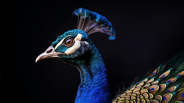 Profile of a peacock showing its wide wings.