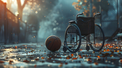 Wheelchair next to a basketball Concept of integrity, world sports day, Generative Ai - obrazy, fototapety, plakaty