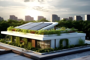 modern family home with solar panels, producing green energy and living autonomously, real estate, carbon neutral sustainable