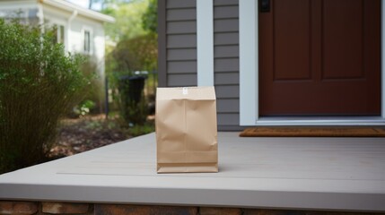 Food goods grocery bag standing near front door doorstep delivery wallpaper background	
